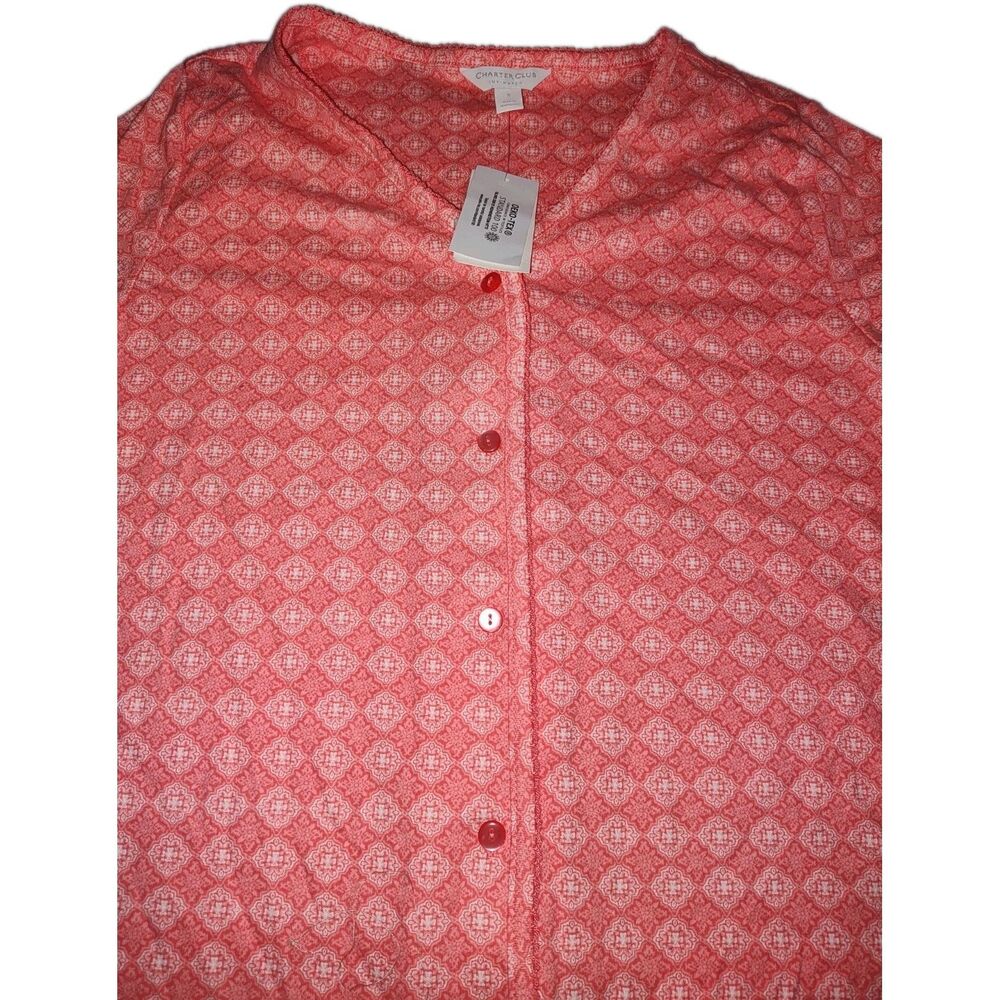 New Charter Club Pajamas Button Down Top Orange Geo Print  Small 100% Cotton